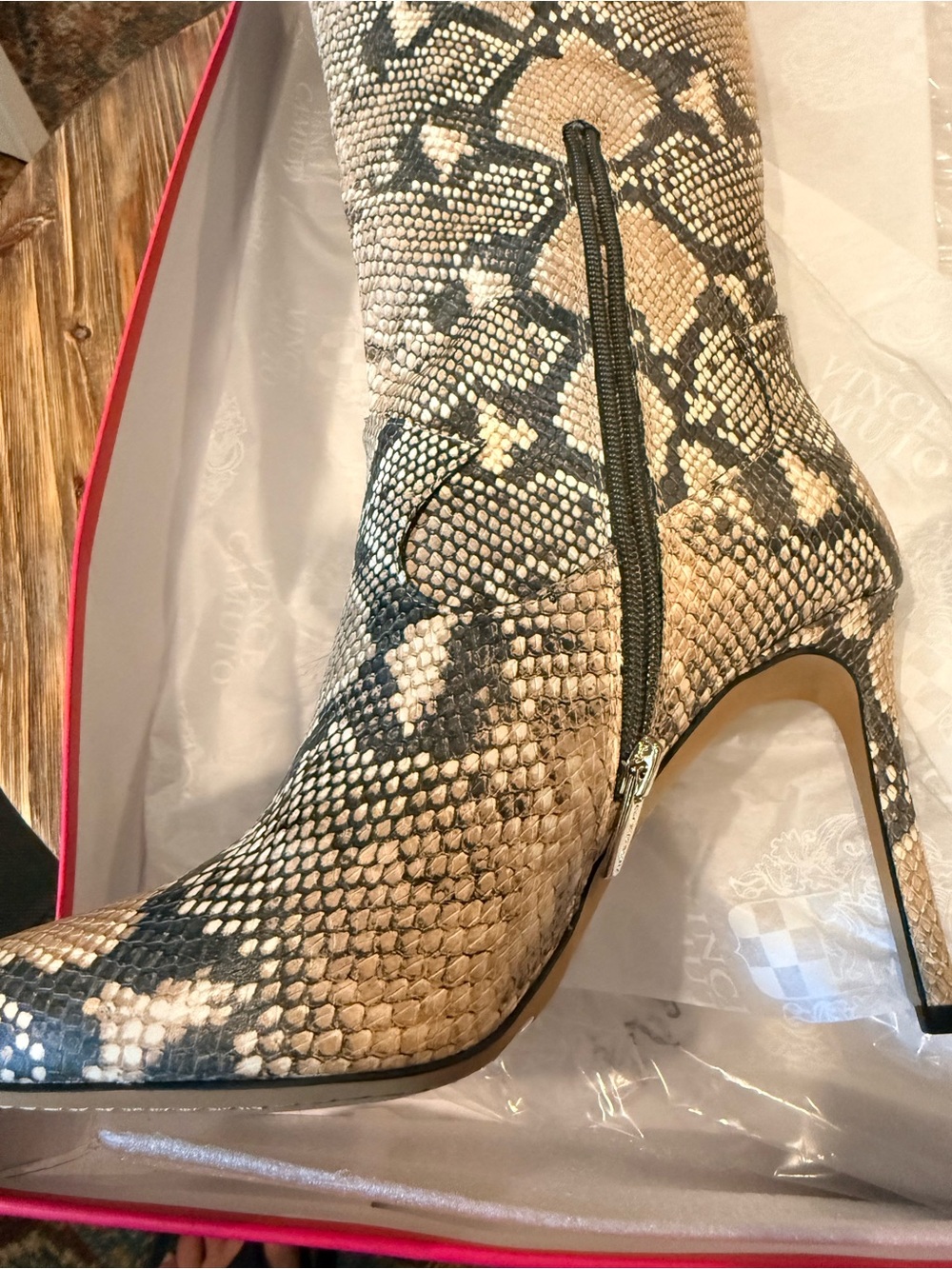 New! Vince Camuto Snake-Print Knee Boot in Beige and Black - Picture 3 of 7